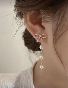 即購入OK♡リボン×パール揺れるロングピアス 上品 韓国風 大人可愛い 結婚式