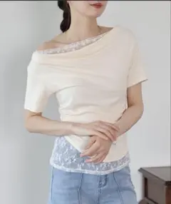 BLUEEAST レースドッキングドレープカットソー ベージュのサムネイル