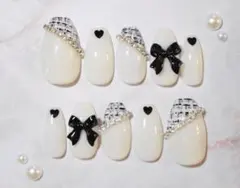 ツイード　ガーリー　フレンチ　リボン　ハート　韓国　量産型　ワンホン　ネイル