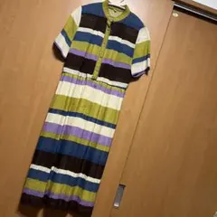 24 古着ワンピース　ノーカラー　プリーツ　ボーダー　9号　デットストック