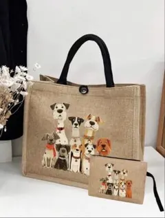 犬柄 トートバッグ ポーチセット ジュート 麻素材
