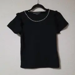 L'espoir　半袖　パールネック　黒　ブラック　BLACK　シャツ　Lサイズ