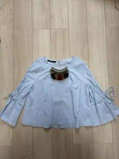ZARA BASIC ライトブルー フレアスリーブ フリンジ付きシャツ