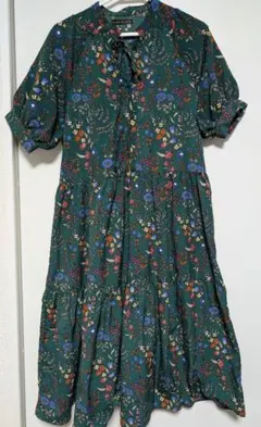 【古着】花柄/ワンピース/ロングワンピース/レトロ/グリーン