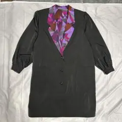 総柄ラペル切替 ロングジャケット ブラック パープル レトロ 昭和モダン