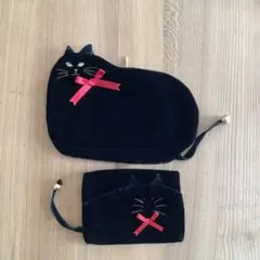 猫型ベロアポーチセット（黒）