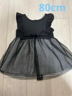 【80cm】入園式、結婚式におすすめ★ 黒/チェック フリル袖 ワンピース