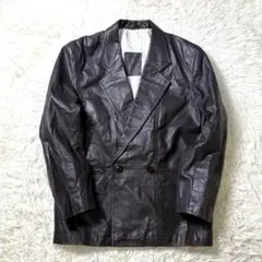 レザー テーラード 本革 ダブル ブレザー 黒 M Ｌ　裏地柄 ユーロ古着 焦茶