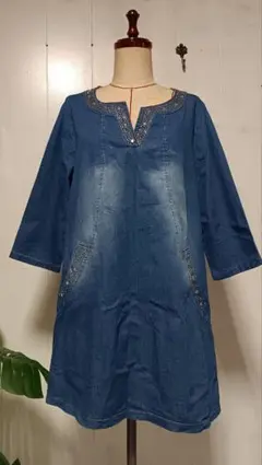 デニムビジュー付きAラインワンピース　VINTAGE