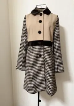 【美品】バイカラー 千鳥柄 スッキリラインコート ワンピース ベージュ×ブラウン