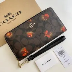 COACH コーチ ストラップ付き　長財布　シグネチャー レッド　花柄