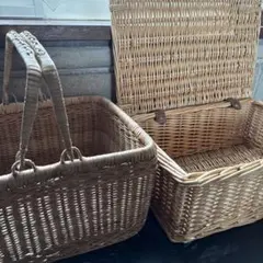 ラタン製中型バスケット 蓋付き　ラタンバスケット　蓋付きカゴ　シャビーシック