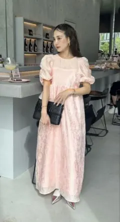 ANDRESD バブルスリーブジャガードドレス ピンク Mサイズ オケージョン
