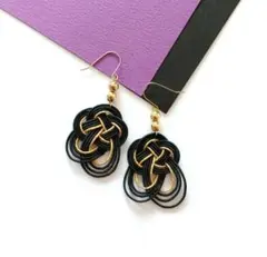 水引ハンドメイドピアス/イヤリング　和風モダン　和装　黒×金　大振り