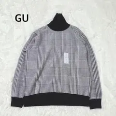 GU ジーユー メンズ スムースニット M タートルネックセーター チェック 黒のサムネイル