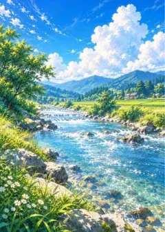 【イラスト】夏の渓流と里山 アートポスター