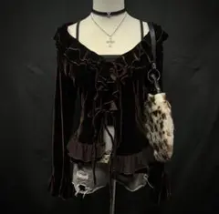 フェアリーグランジ　y2k ベロア　フリル　カーディガン　ダークコケット