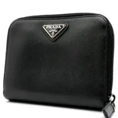 美品 プラダ 折り財布 サフィアーノレザー 三角ロゴ コンパクトジップ ブラック