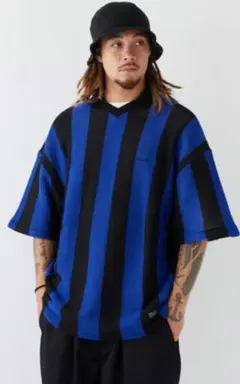 未使用に近い極美品FATメッシュ編みニットストライプシャツ FAT(XL)黒×青のサムネイル