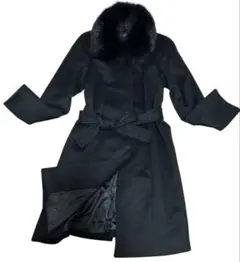 美品カシミヤ 100% 黒11号Lフォックスファー ロング コートウエストリボン