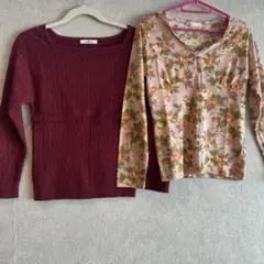 秋　長袖　レディース　ニット　ワインレッド　花柄