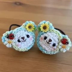 あみぐるみヘアゴム♡【てんとう虫と向日葵】夏色ソーダマーブルずきんくまちゃん♡