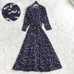 近年美品✨マックスアンドコー ジャージーワンピース リボン マキシ 花柄 紺 L