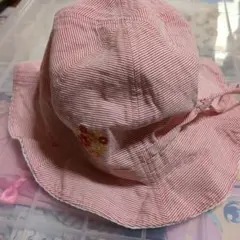 赤と白のストライプ バケットハット 花の刺繍