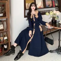 ロングワンピース フレアワンピース ネイビー 韓国ウエストリボン上品 きれいめ