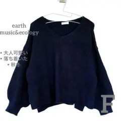 【限定セール✨】長袖ニット　ネイビー Vネック バルーン袖　大人可愛い　Fサイズ