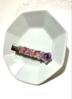 ヘアクリップ　ピンク　むらさき　ドライフラワー　波石