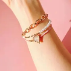 マンテル留め｜チェーン×ハートチャームの重ね付け風ブレスレット