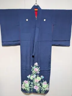 03色留袖 紺に花柄 アンティーク リメイク生地取り素材