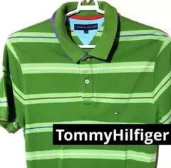 TommyHilfiger L 緑 グリーン ボーダー ポロ 半袖 シャツ