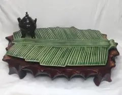 中国骨董 陶芸 香道具 在銘 作家物 木彫り台付き 置物 旧家蔵出し 送料無料