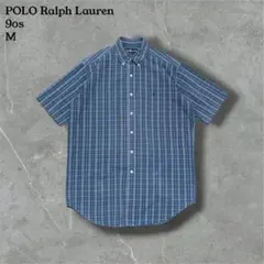 90sラルフローレン半袖BDシャツチェックシャツアメカジ春夏シャツ刺繍ロゴL古着