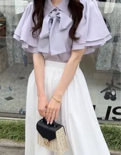 ボウタイ付きダブルフリルスリーブブラウス[pp074]ブルー(紫)　Sサイズ