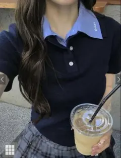 Eclat 襟付き 半袖 リブニット 네이비