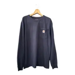 【定番】カーハート ポケットロンT 紺 M ルーズフィット 首元色あせ有り