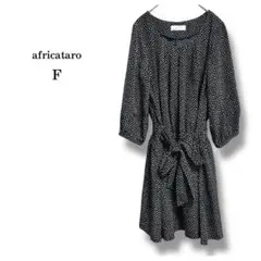 美品【AFRICATARO】圓點圖案及膝連衣裙 絲帶腰帶 藏青色 F