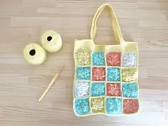 春色モチーフ編みトートバッグ　お花モチーフ