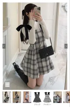 GRL ツイードチェックショルダーリボンミニワンピース グレイル