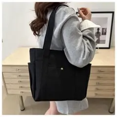 トートバッグ 黒 マザーズバッグ キャンバス ランチ 弁当 ピクニック 大容量のサムネイル