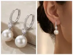 18K RGP プラチナ ダイヤ CZ パール揺れ ピアス yp4958