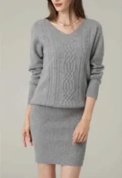 ピンキー＆ダイアン　ケーブル編みVネックニットワンピース　ブラック