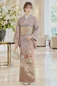 正絹訪問着セット 紗綾形地紋 花文様 身丈160cm 正絹袋帯