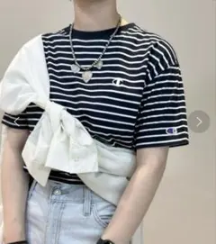 Champion チャンピオン ボーダー Tシャツ ネイビー Lのサムネイル