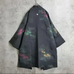 【ヴィンテージ】古着 羽織 着物 カーディガン 総柄 黒 金 緑 ピンク レトロ