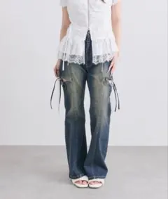 【2サイズ展開/ウエスト調節可】サイドスリットリボンストレッチパンツ ブルーのサムネイル