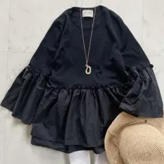 極美品　ユナイテッドアローズ　フリルコンビ 8SL ニット　ブラック